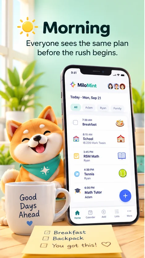 A morning scene: Milo beside a phone showing the family's plan for the day
