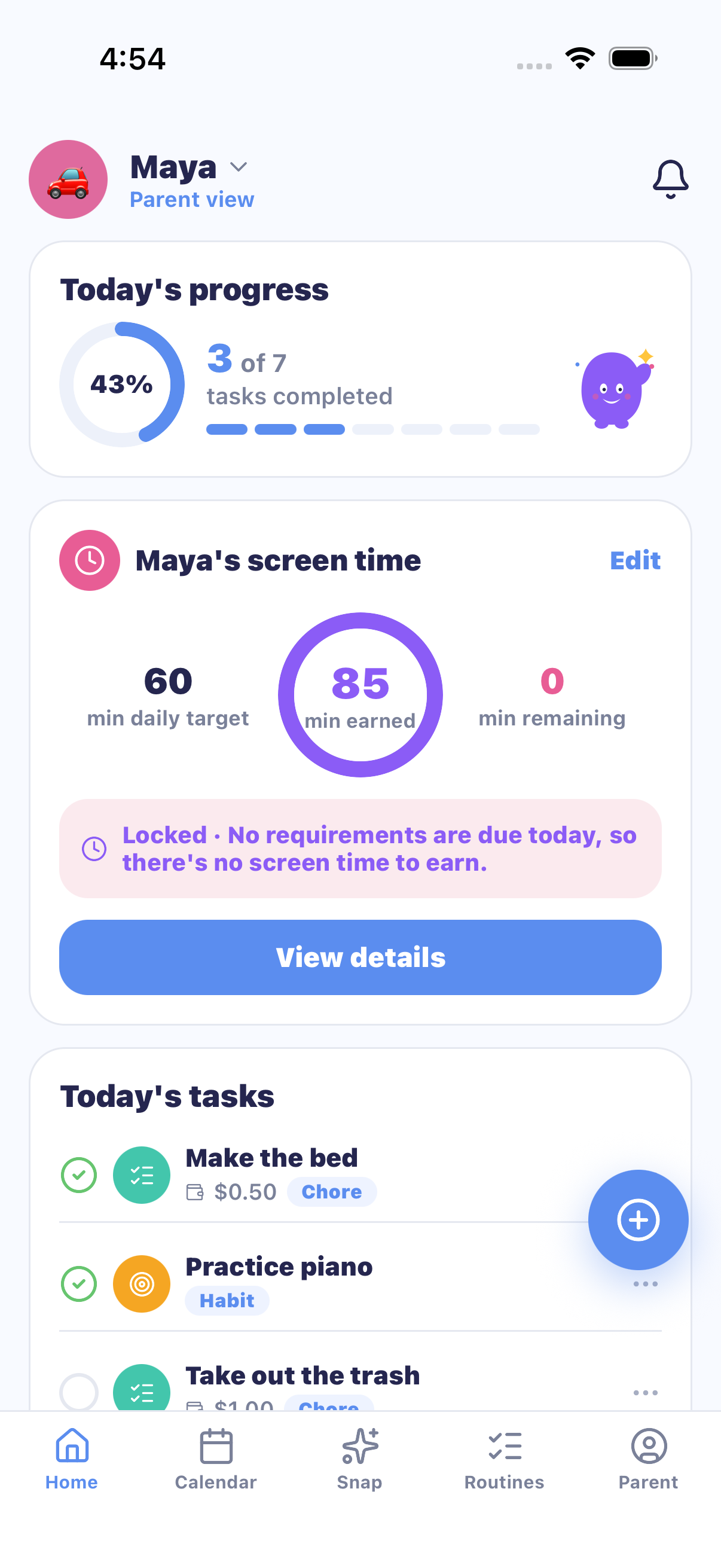 MiloMint Today view showing a kid's tasks and earned screen time