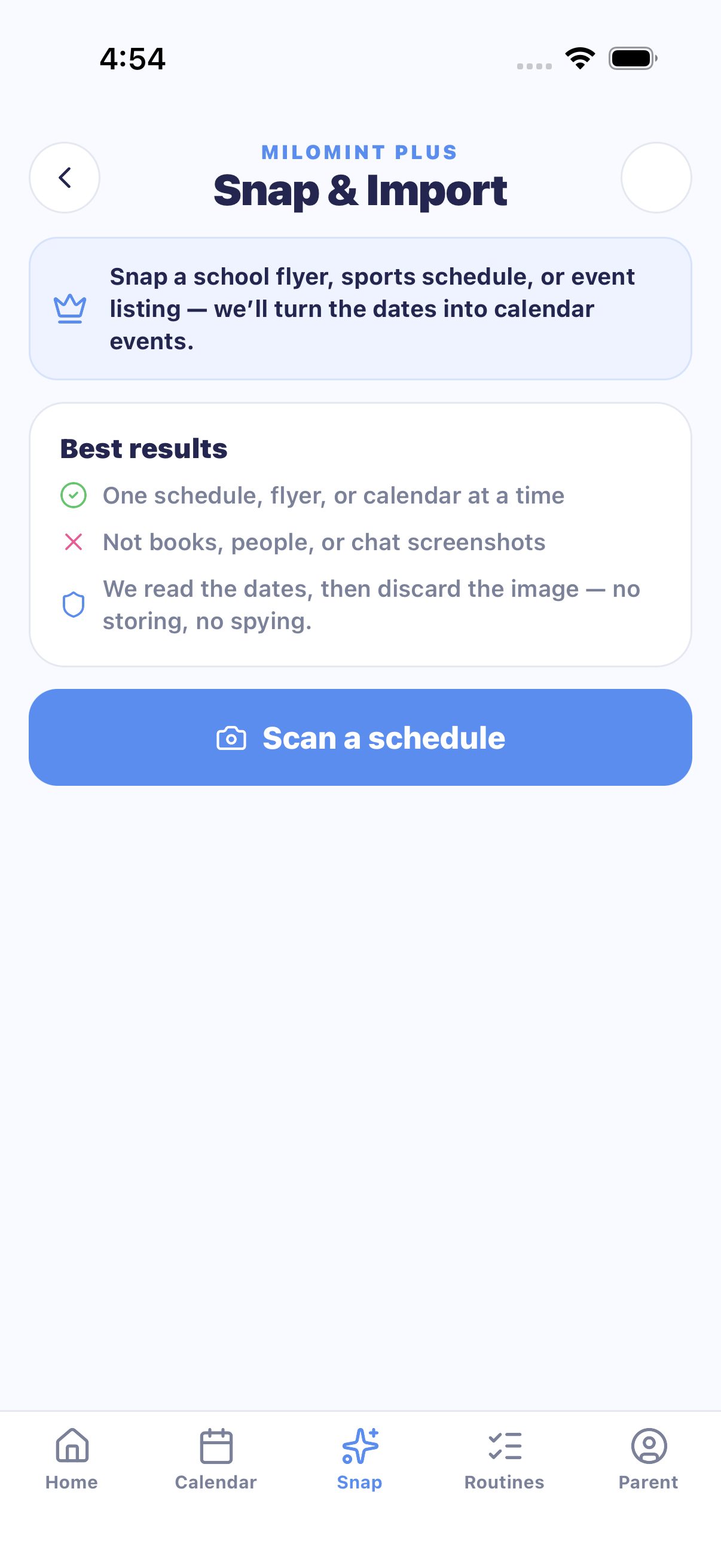 MiloMint Snap & Import reading a photographed school schedule and turning it into calendar events
