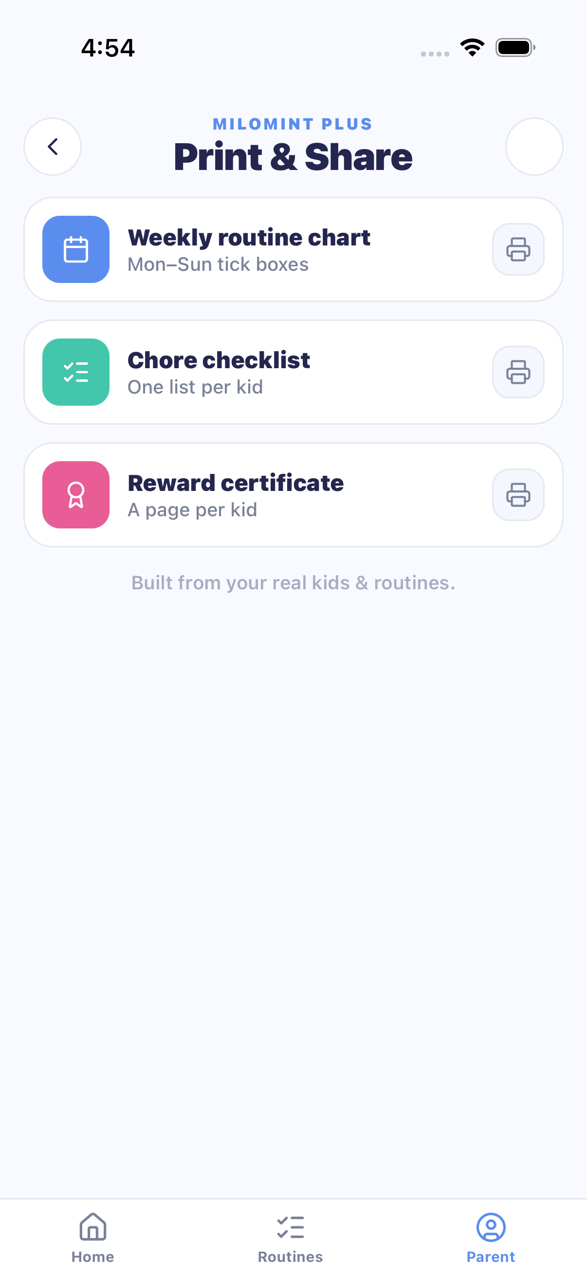 MiloMint Print & Share with themed printable routine charts, chore checklists and reward certificates