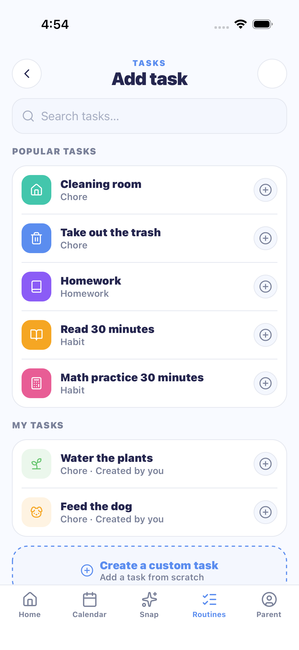 MiloMint routines screen with recurring tasks and rewards per task