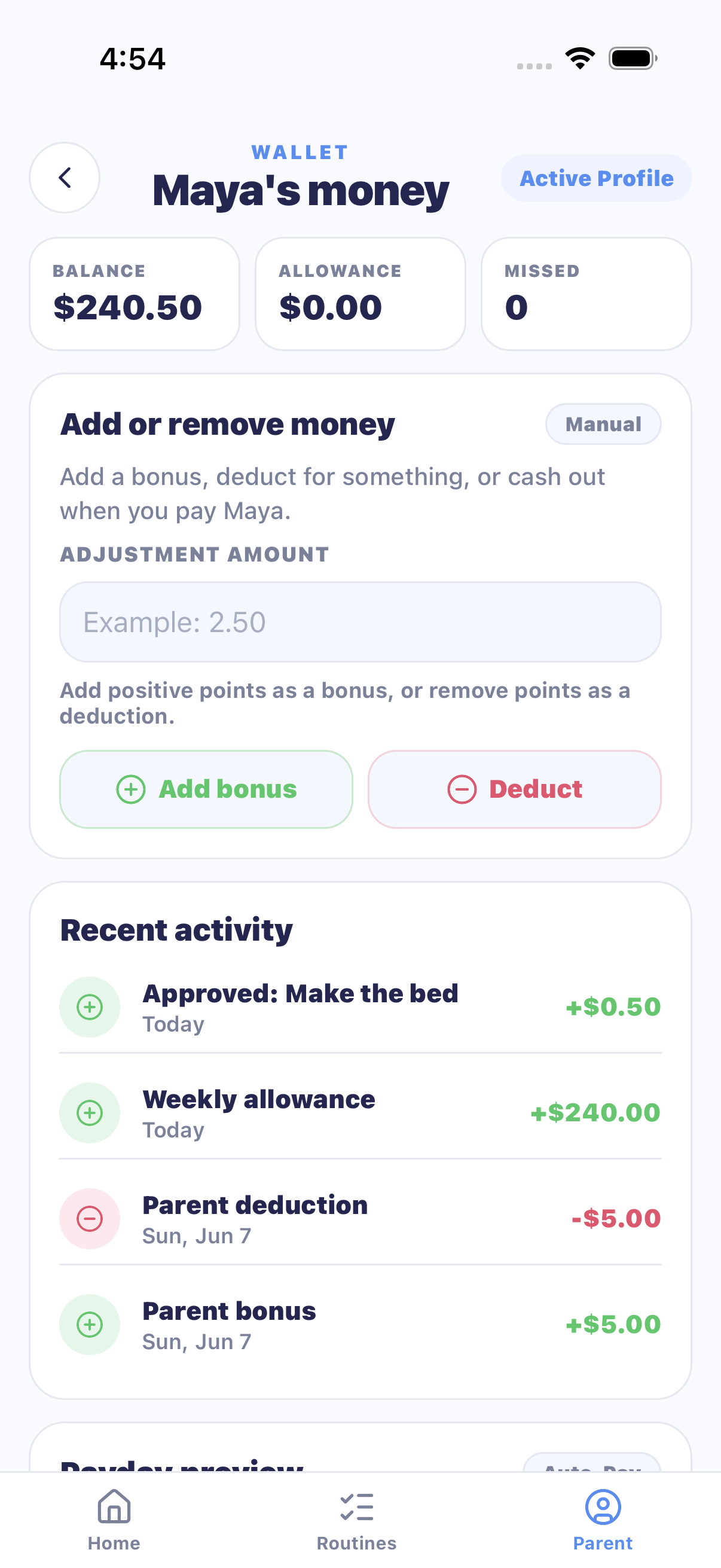 MiloMint wallet showing a kid's points balance and payday preview