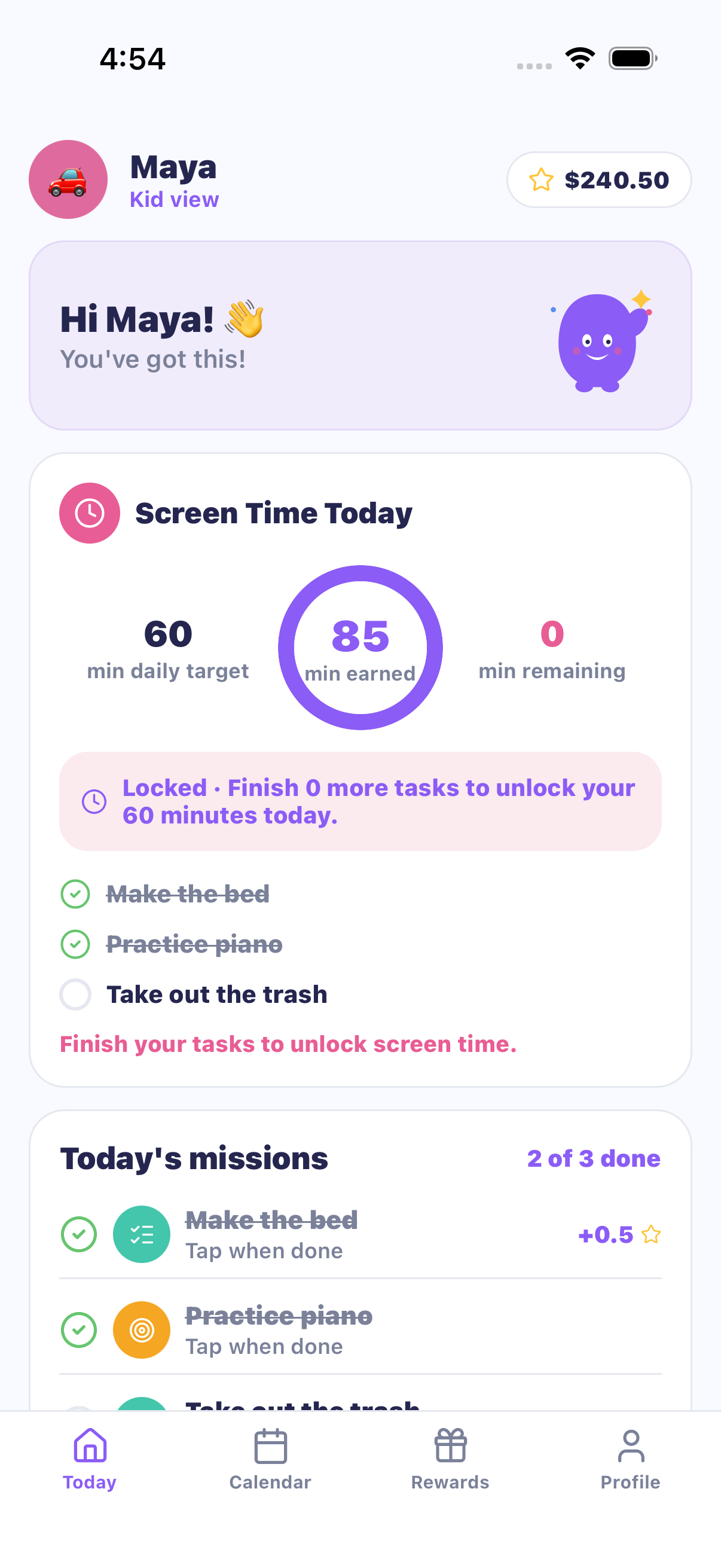 MiloMint kid view with the kid's own tasks, wallet and rewards