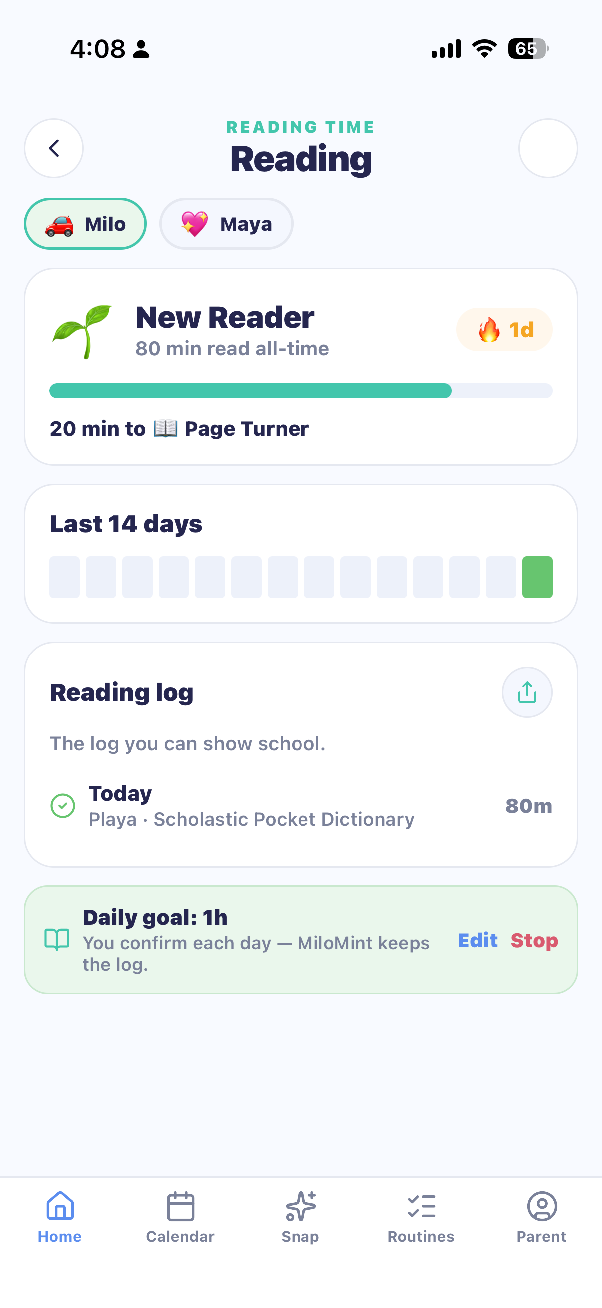 MiloMint Reading dashboard showing a daily goal, reading streak, lifetime minutes toward the next level, and a dated book log