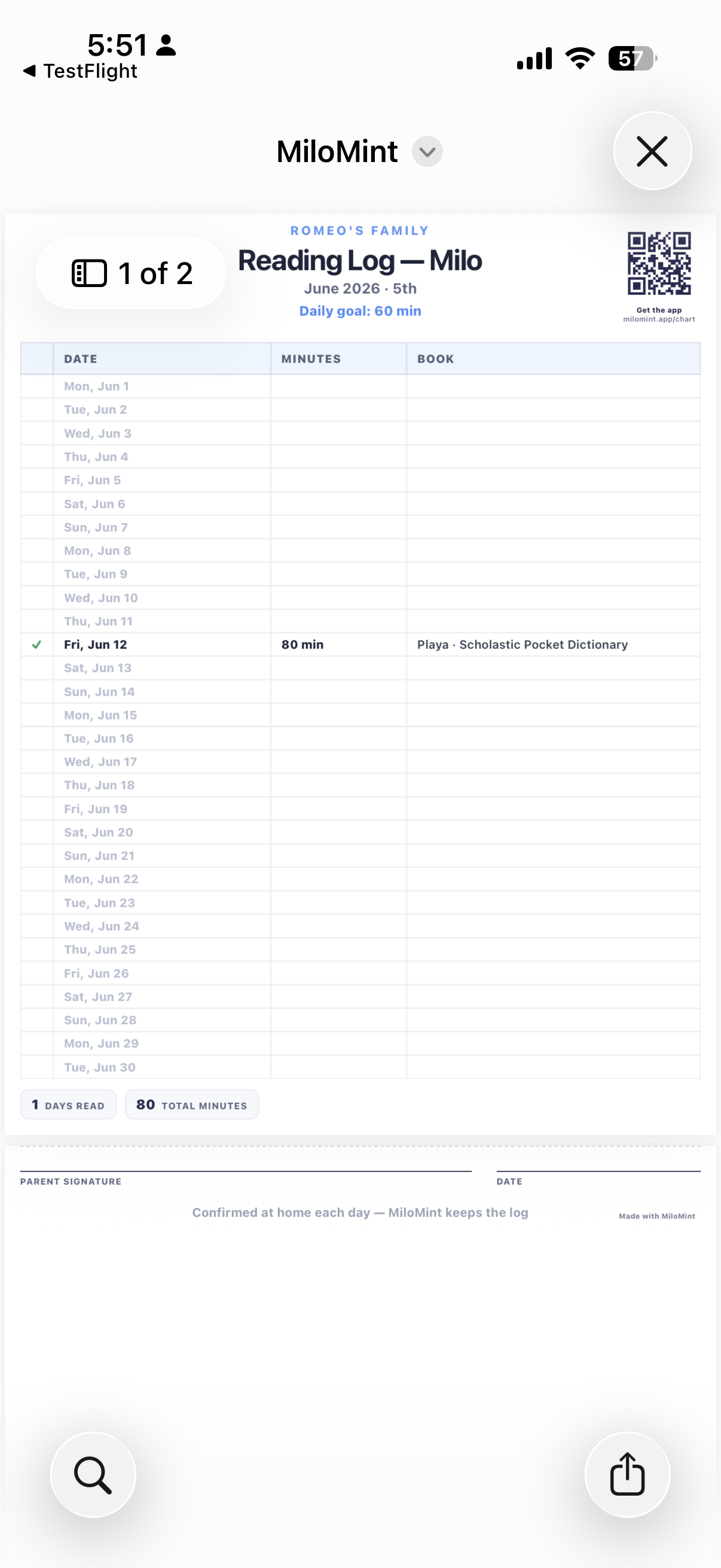 MiloMint print preview of a monthly reading log with dated rows, minutes, book titles, and a parent signature line