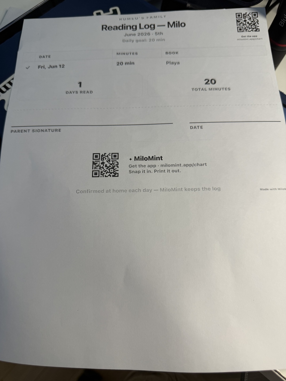 A printed MiloMint reading log on paper showing the date, minutes, book title, signature line, and a scannable code