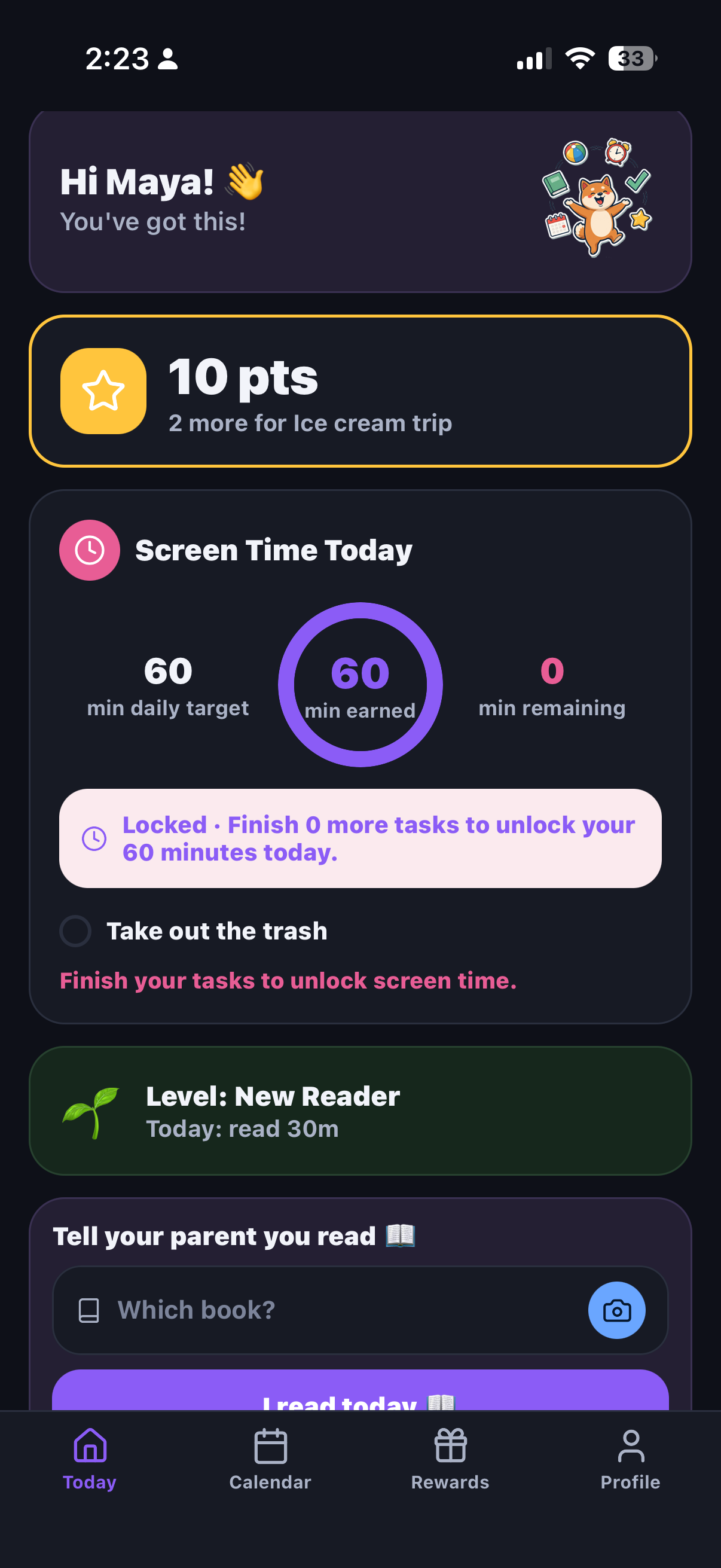 A child's MiloMint home screen showing their reading level and a simple way to tell a parent they read today