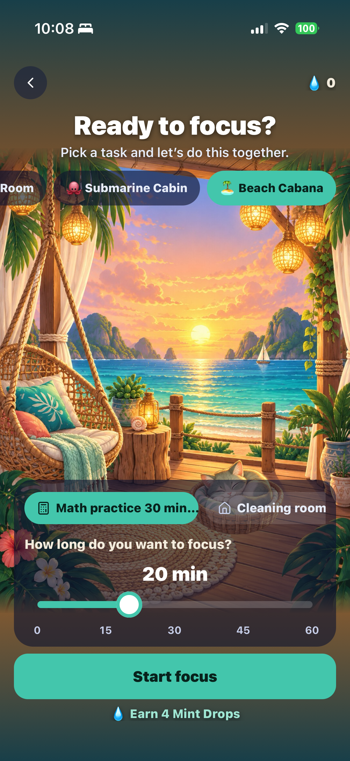 MiloMint Focus Room Beach Cabana with a sleeping cat in a basket, a hanging chair and a sunset over the sea