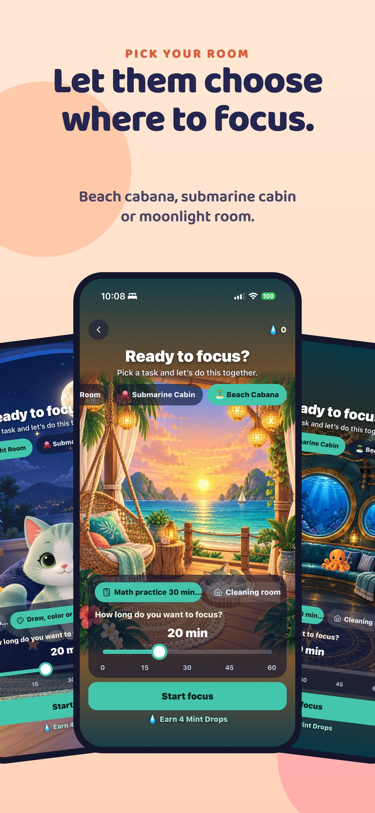 Three MiloMint Focus Room screens: the beach cabana, moonlight room and submarine cabin