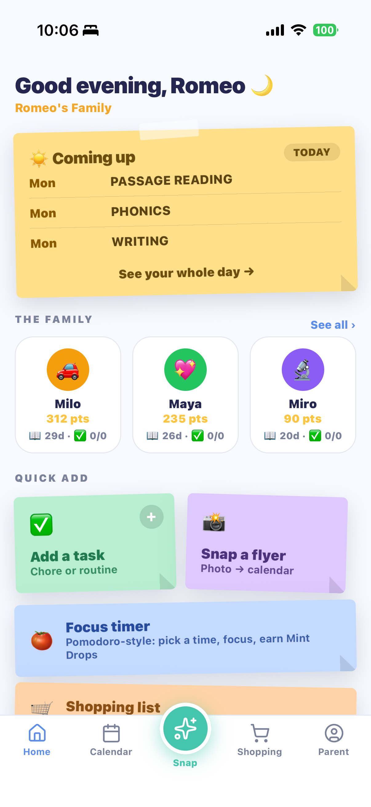The redesigned MiloMint Home board: a Coming up note, the family at a glance, and quick-add notes including the Focus timer