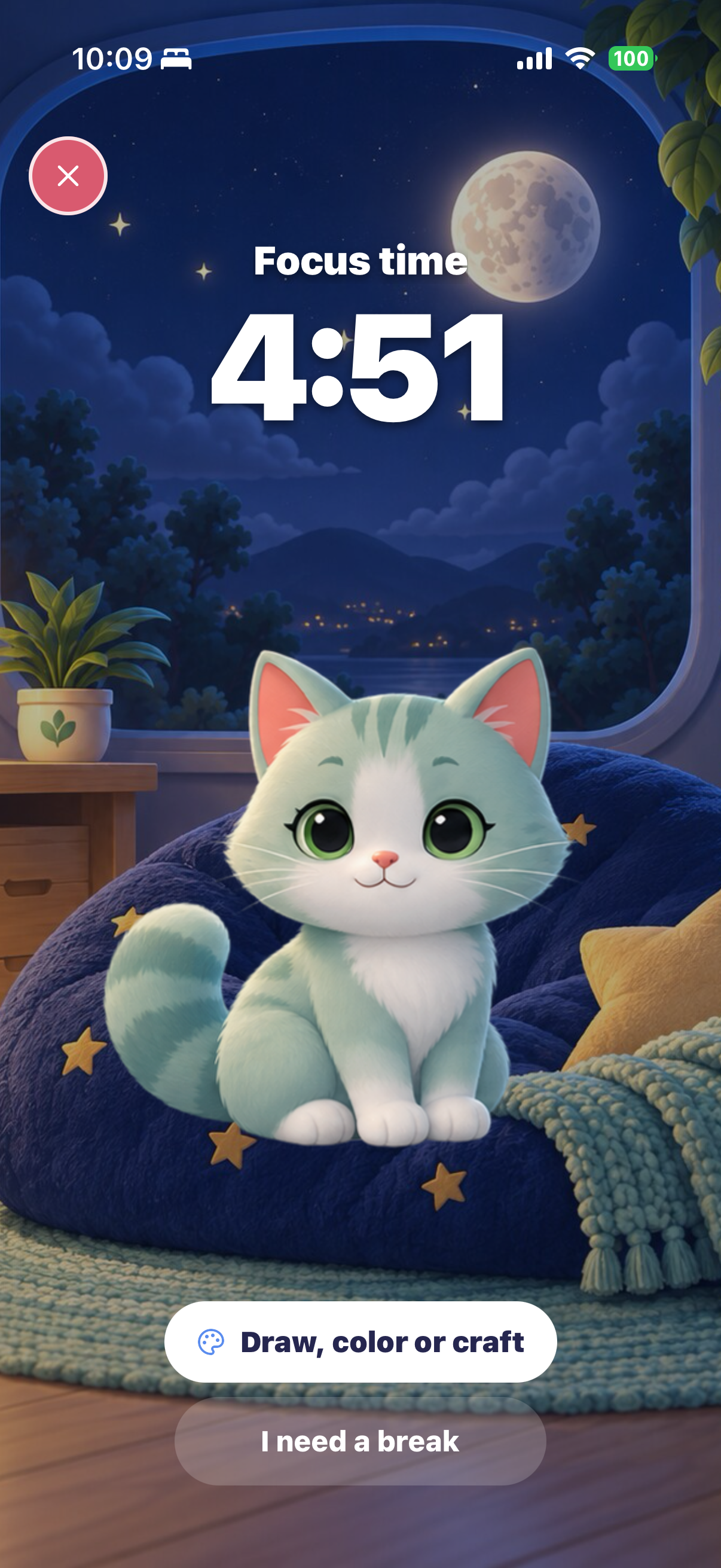 MiloMint Focus Room during a session in the Moonlight Room: a large countdown, the cat on a beanbag, and the task pill