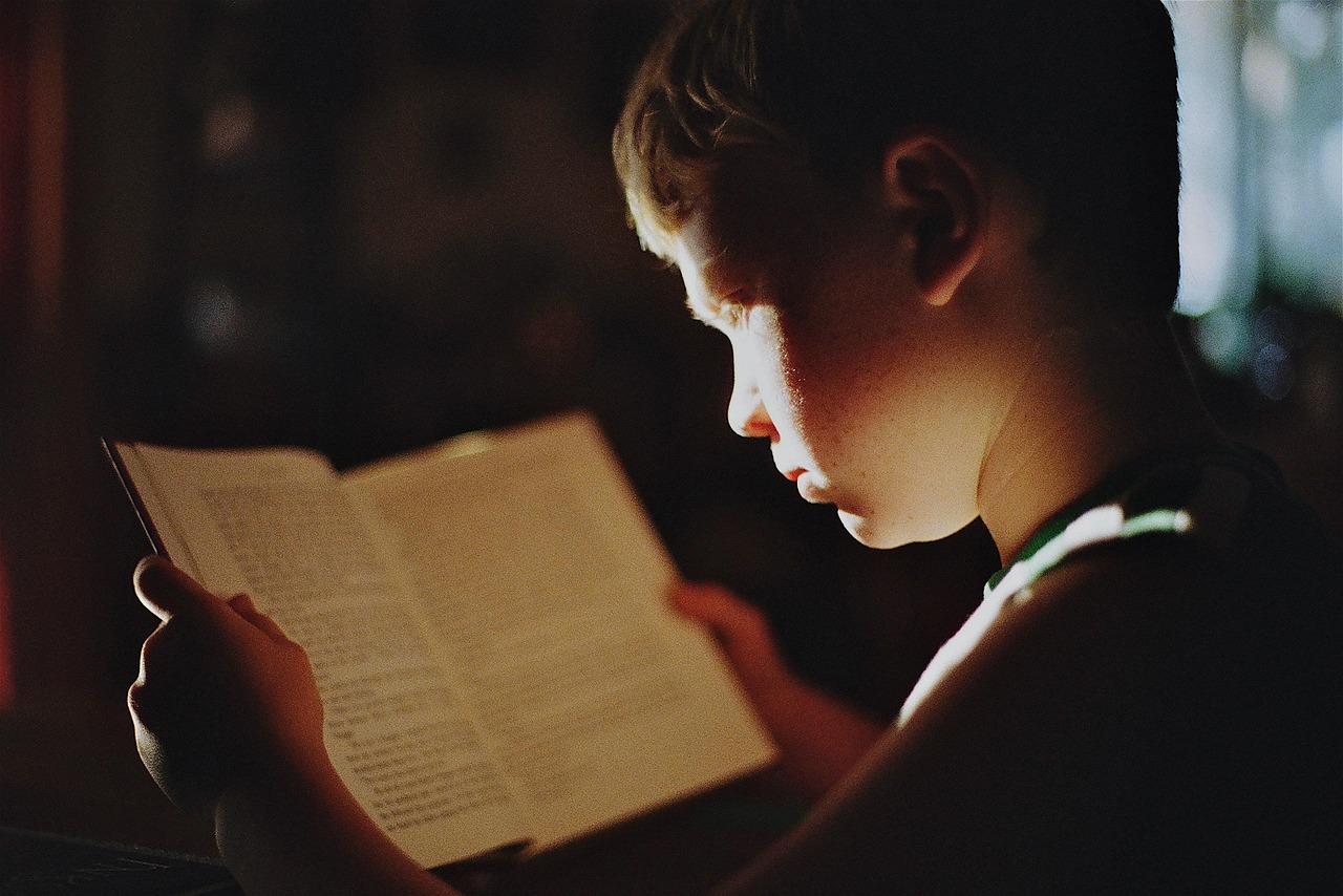 A child reading a book during a calm summer morning