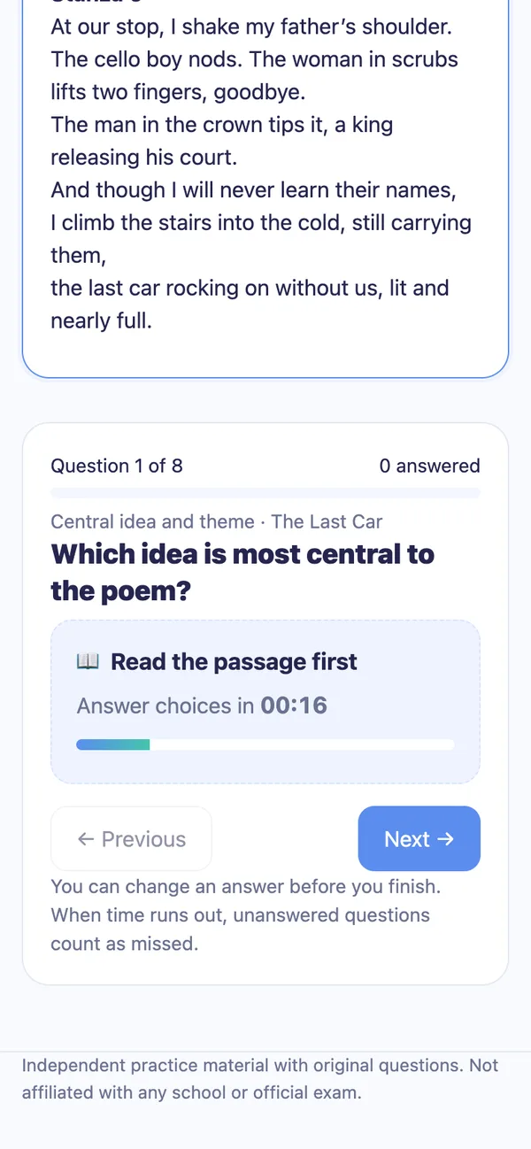 An SHSAT ELA practice question in MiloMint Learn with the answer choices waiting behind a Read the passage first countdown