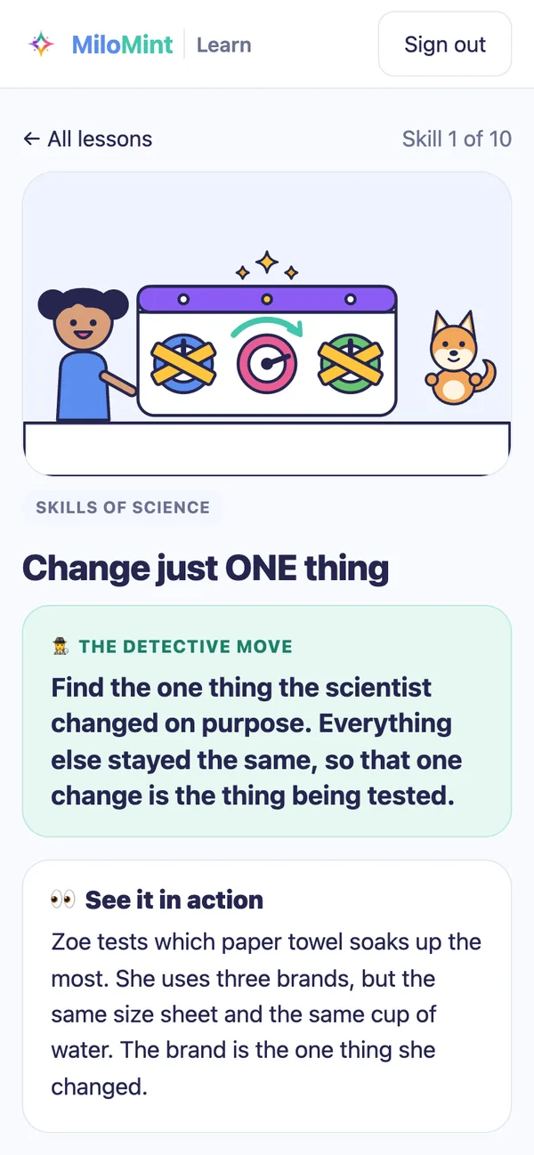 A MiloMint Learn science picture lesson called Change just ONE thing