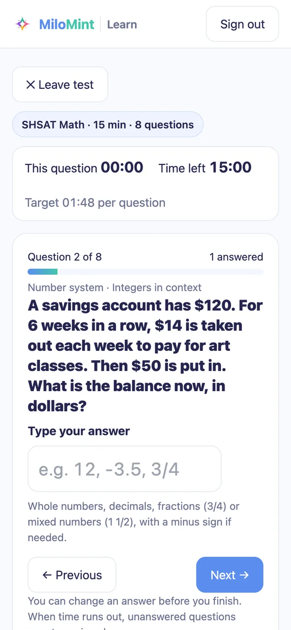 An SHSAT Math practice question in MiloMint Learn with a typed answer box and the 1:48 target pace