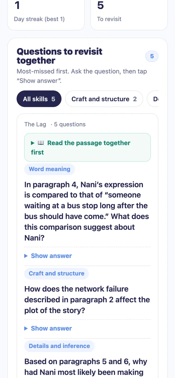 MiloMint Learn questions to revisit, grouped by skill and reading passage