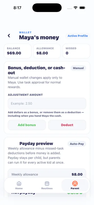 MiloMint Allowance tracker screen