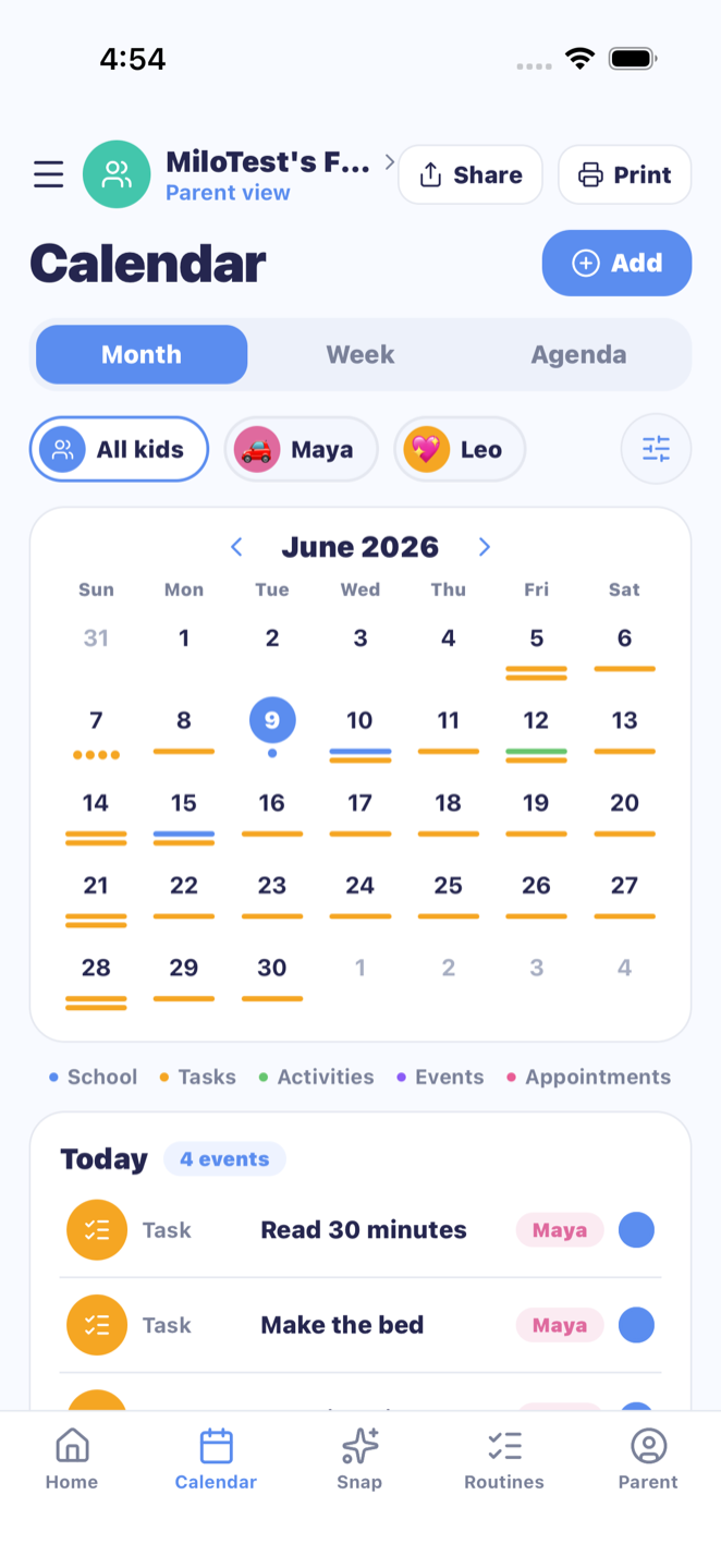 MiloMint shared family calendar with everyone's events in one place