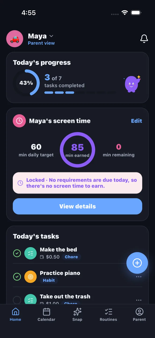 MiloMint Dark mode screen