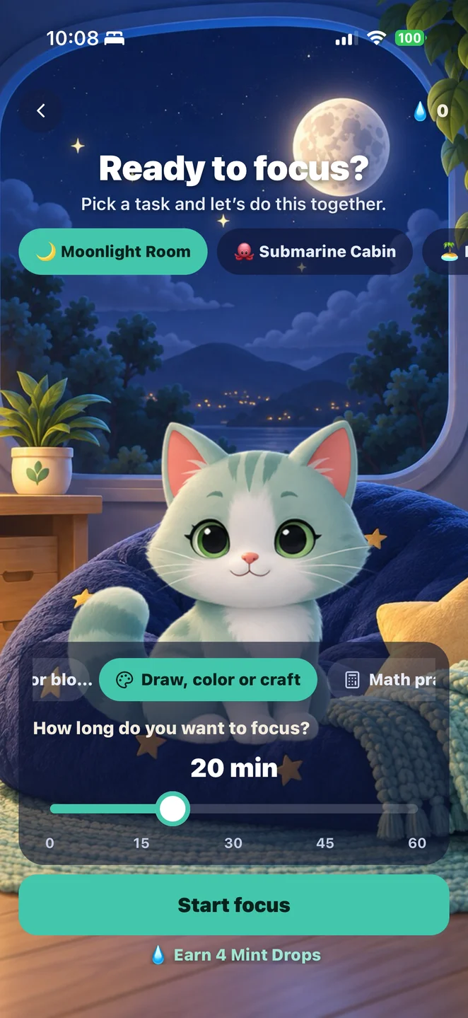 MiloMint Focus Room: pick a room, pick the task, slide the timer from 5 to 60 minutes