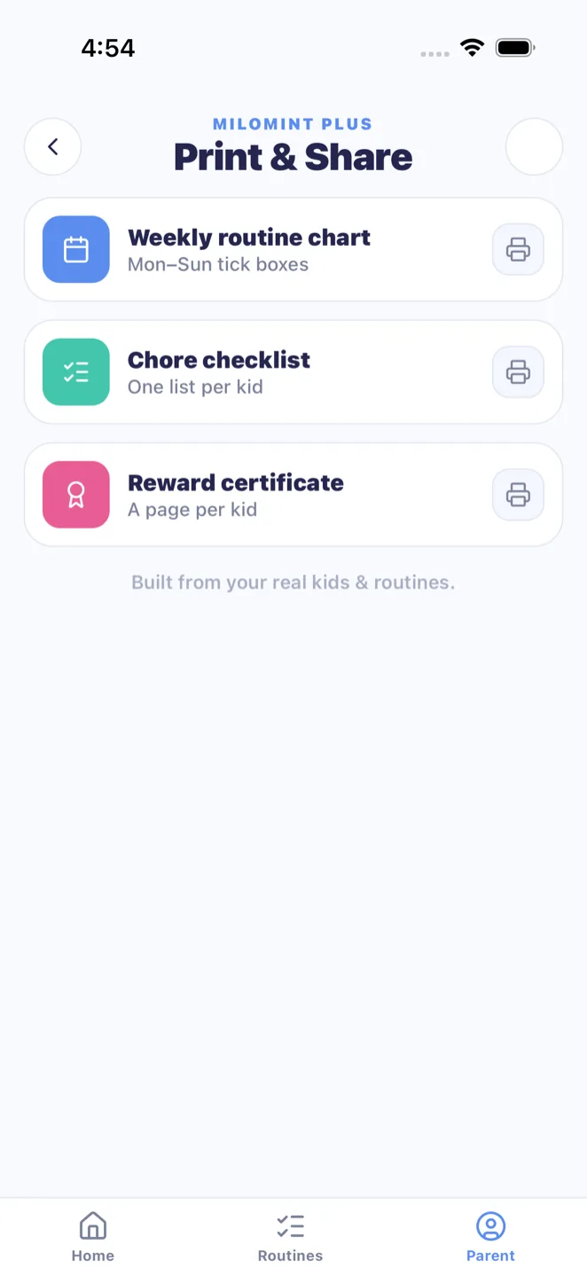 MiloMint printable routine charts, chore checklists, and reward certificates in six kid themes