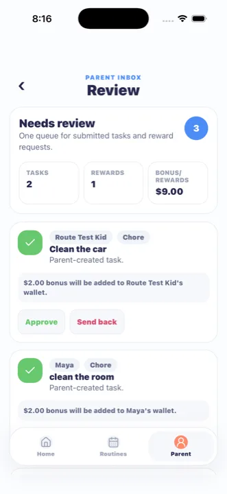 MiloMint Parent-approved rewards screen
