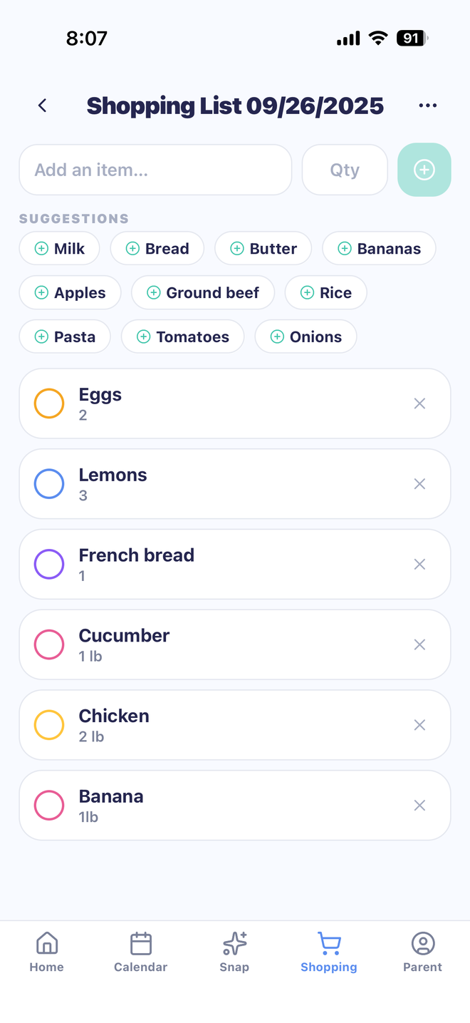 MiloMint Shared grocery list screen