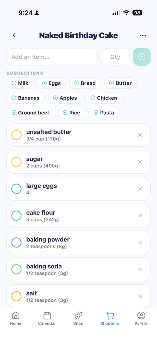 The recipe's ingredients now on a MiloMint shopping list, with quantities