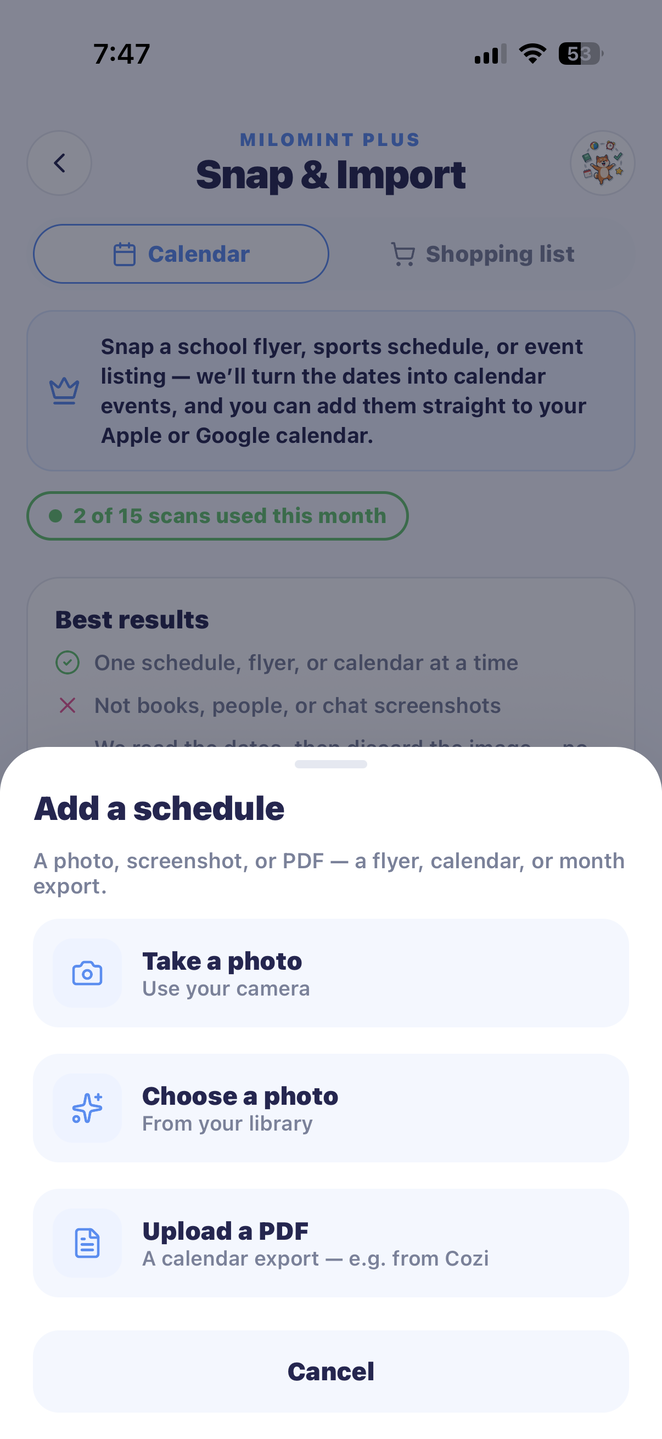 Choose a photo, take a photo, or upload a PDF