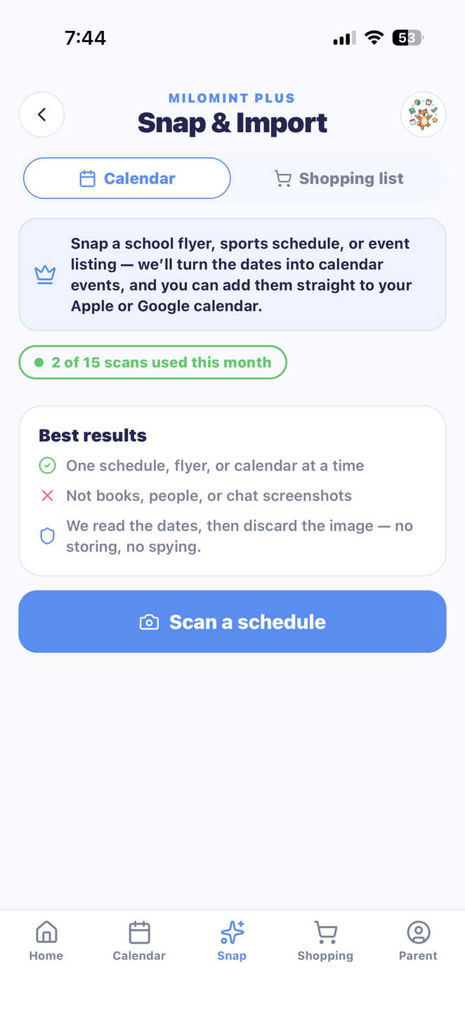 Open Snap & Import in MiloMint