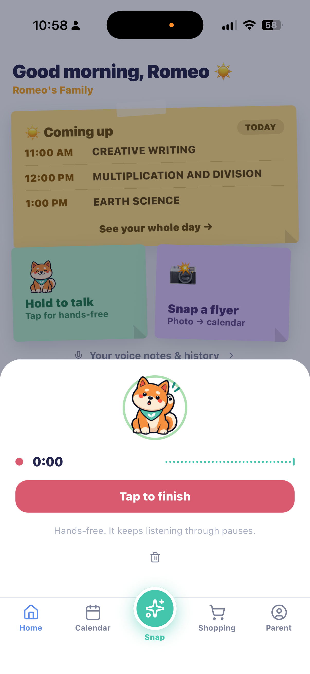 Holding Milo on the MiloMint home screen while recording a voice note
